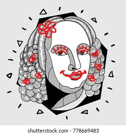 Modern portrait of composer and musician. T-Shirt Design & Printing, clothes, bags, posters, invitations, cards, leaflets etc. Vector illustration hand drawn. Antonio Lucio Vivaldi with flowers