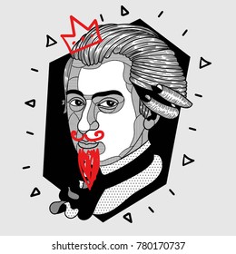 Modern portrait of composer and musician. T-Shirt Design & Printing, clothes, bags, posters, invitations, cards, leaflets etc. Vector illustration hand drawn. Wolfgang Amadeus Mozart