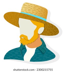 modern portrait of Dutch painter Vincent van Gogh hand drawn vector illustration in straw hat, paper cut style design, red-haired man with beard and mustache in turquoise shirt and white T-shirt