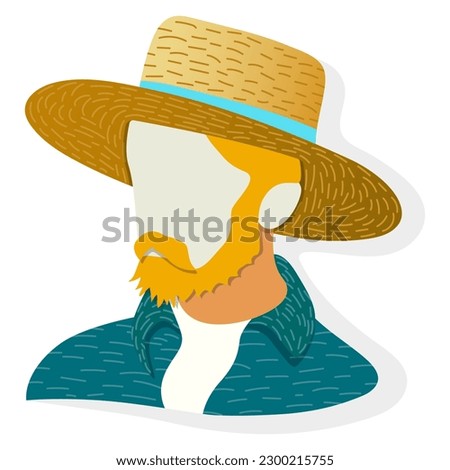 modern portrait of Dutch painter Vincent van Gogh hand drawn vector illustration in straw hat, paper cut style design, red-haired man with beard and mustache in turquoise shirt and white T-shirt