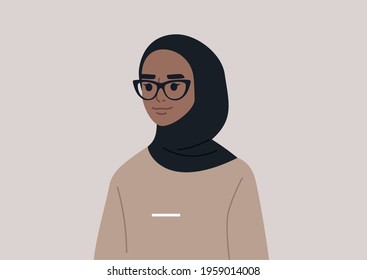 A modern portrait of a female character wearing a hijab and a cat-eye frame