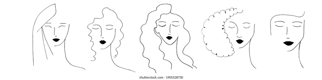 A modern portrait of girls drawn with lines. A set of faces with a modern style. Female portraits isolated on a white background. Set of vector illustrations