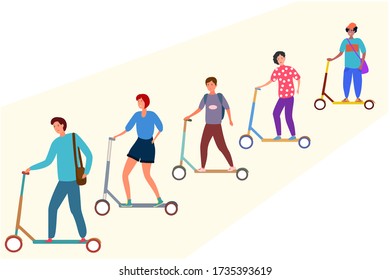 
Modern portrait for lifestyle design. A young man, woman and children ride a scooter. Family holiday. Cartoon vector illustration. Summer background. Vector design