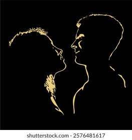 Modern portrait of man and woman, beauty, surreal faces, kiss, line art. For use as flyer template or for use in web design. Hand drawn