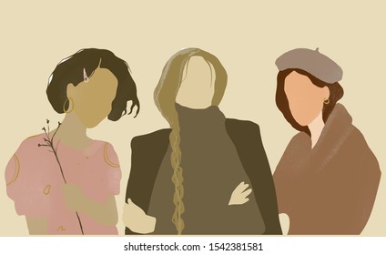 Modern portrait of a woman in minimalism style. Aesthetic female cartoon figures design. Pastel colors composition. 