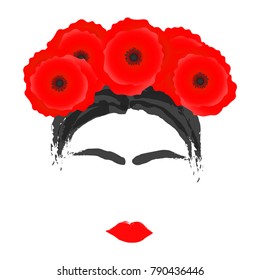 Modern portrait of woman with wreath of poppy flowers in her hair.