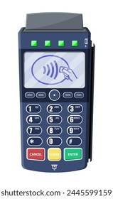 Modern POS terminal. Bank payment device. Payment nfc keypad machine. Credit debit card reader. Vector illustration in flat style