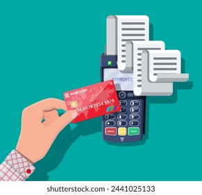 Modern POS terminal with big paper receipt. Shopping concept. Bank payment device. Payment nfc keypad machine. Credit debit card reader. Vector illustration in flat style