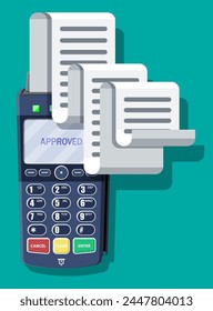 Modern POS terminal with big paper receipt. Shopping concept. Bank payment device. Payment nfc keypad machine. Credit debit card reader. Vector illustration in flat style