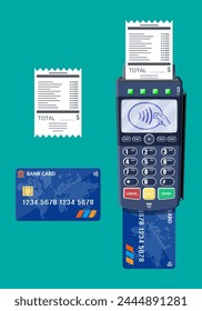 Modern POS terminal with card and receipt. Bank payment device. Payment nfc keypad machine. Credit debit card reader. Vector illustration in flat style