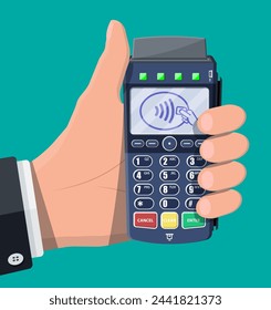 Modern POS terminal in hand. Bank payment device. Payment nfc keypad machine. Credit debit card reader. Vector illustration in flat style