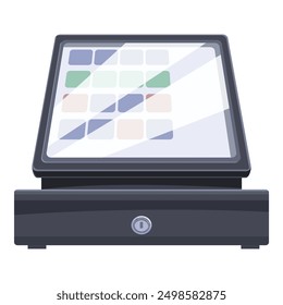 Modern pos terminal with touch screen showing interface for accepting payments standing on white background