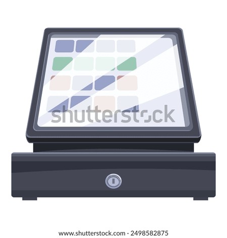 Modern pos terminal with touch screen showing interface for accepting payments standing on white background