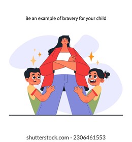 Modern positive parenting advice. Be an example of courage to raise a brave child. Parent helping a child to conquer fears. Preschool education and nurturing. Flat vector illustration
