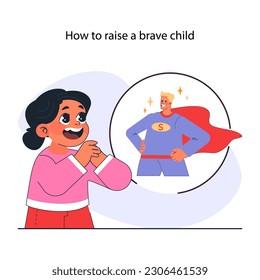 Modern positive parenting concept. How to raise a brave child. Parents helping a child to conquer fears. Preschool education and nurturing, support and care. Flat vector illustration
