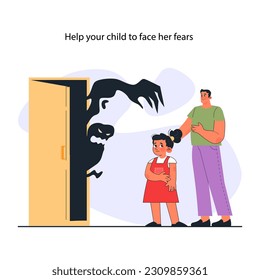 Modern positive parenting. Parent helping a child to conquer fears. Preschool education and nurturing, support and care. Flat vector illustration