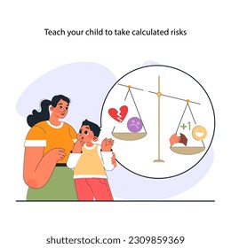 Modern positive parenting. Parent helping a child to conquer fears and take a calculated risk. Preschool education and nurturing, support and care. Flat vector illustration