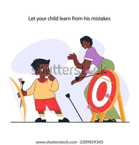 Modern positive parenting. Parent helping a child to conquer fears of failure and learn from mistakes. Preschool education and nurturing, support and care. Flat vector illustration