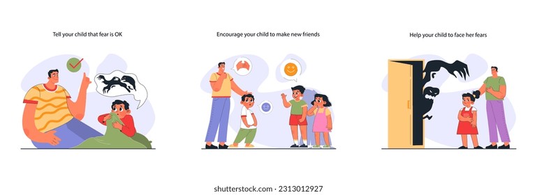 Modern positive parenting set. How to raise a brave child. Parents helping a child to conquer fears. Preschool education and nurturing, support and care. Flat vector illustration