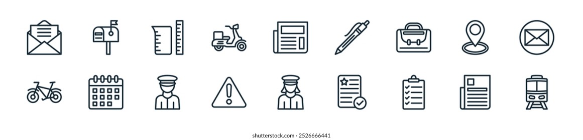 modern post office icon pack. perfect for linear ui designs featuring vector train, document, checklist, approved, post, warning, postman and more icons for mobile and web apps.