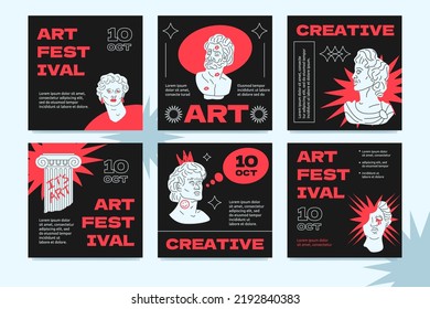 Modern post templates with stylized stylish Greek sculptures. Design for advertising art festival, event, entertainment.