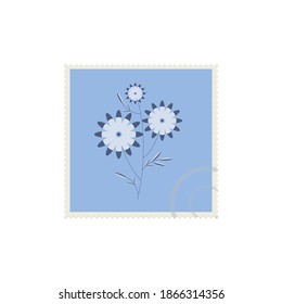 Sello postal moderno. Rama dibujada a mano de una planta con una flor. El concepto de enviar una postal o sobre con un sello postal. Elemento aislado de estilo plano. Vector

