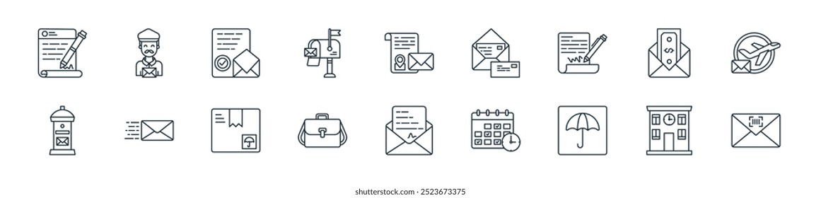 pacote moderno de ícones de serviços postais e de correio. perfeito para designs de ui lineares com código de barras vetorial, correio, frágil, data, carta, saco, mercadorias e mais ícones para aplicativos móveis e da web.