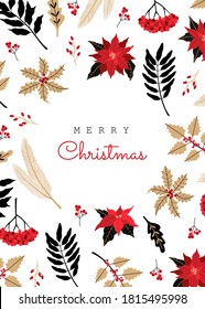 Postal moderna para invitación navideña, tarjeta vertical de saludo con plantas escandinavas rojas, doradas y negras, símbolo de Navidad. Poinsettia, bayeta romana de estilo plano, aislada de fondo blanco.