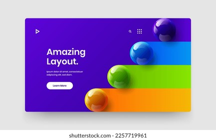 Modern postcard design vector layout. Bright 3D spheres landing page illustration.