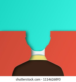 Modern postcard with layered cut out colored paper human back view. Businessman in business suit. A head of man in modern deep paper art style