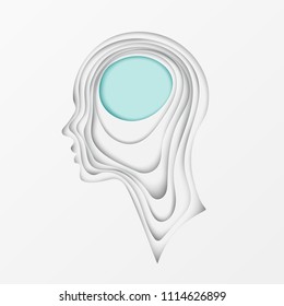 Modern postcard with layered cut out colored paper human profile. Creative thinking, complexity of human nature concept. Paper head of man or woman