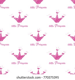 Modern postcard with little princess and pink heart. accessories stickers and patches. Vector, pattern, handmade
