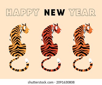 Modern postcard with tigers sitting in a row. Happy 2022 New Year card with colorful wild cats. Lunar sign of Chinese new year of the tiger. Greeting card template of coming 2022. Vector illustration