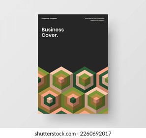 Ilustración moderna de diseño de vectores postales. Plantilla de portada del catálogo de hexágonos de mosaico multicolor.
