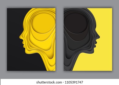 Modern postcards with layered cut out colored paper human profile. Creative thinking, complexity of human nature concept. Paper head of man or woman