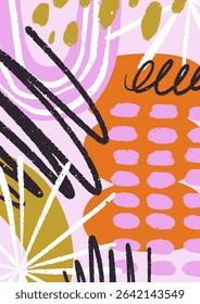 Modern poster with abstract shapes, hand-drawn doodles, brushstrokes, creative elements pattern. Playful funky card design in trendy style with dots, scribbles texture. Flat vector illustration