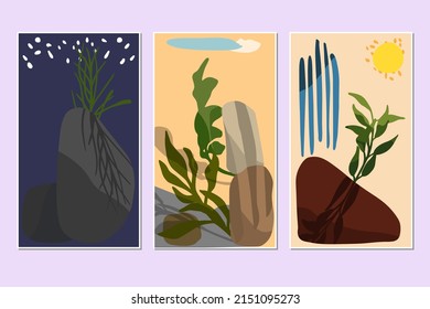 Modern poster with abstract shapes and illustrations of plants. Design for wall-framed prints, canvas prints, posters. Vector template. Backgrounds with minimal shapes and botanical line art elements.