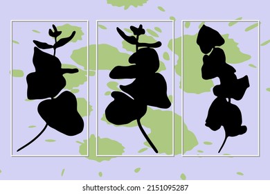Afiche moderno con formas abstractas e ilustraciones de plantas. Diseño para impresiones enmarcadas en pared, impresiones de lienzo, carteles. Plantilla de vectores. Fondos con formas mínimas y elementos de arte botánico.