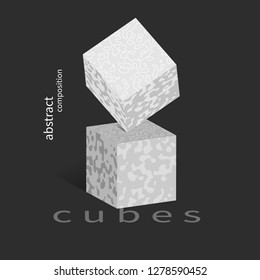 Modern poster, balancing cube on cube, fashion abstraction, fashionable graphic design element, geometric cover. Vector illustration