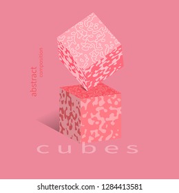 Modern poster, balancing cube on cube, fashion abstraction, fashionable graphic design element, geometric cover. Vector illustration
