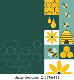 Modern poster with bees, honeycombs and flowers. Free space for text.