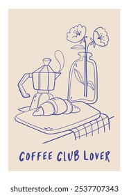 Modern poster. Blue sketch of still life with coffee and croissant.Cafe doodles, branch and lunch dishes.Modern trendy sketch outline elements.