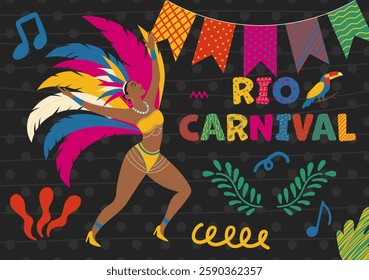 Modern poster for Brazil carnival in Rio de Janeiro. Trendy banner with dancing woman, flag garland and doodle elements