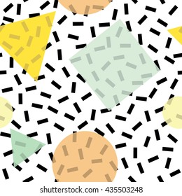 Modern poster, brochure or card geometric figures in Memphis style, perfect for web background or print wrapping decoration and fashion textile, fabric design.