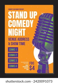 Modern Poster Card Of Stand Up Comedy Show. Shiny Microphone, Open mic night, orange Background And Entertainment Depicted On Comedy Performance Banner. vector Illustration