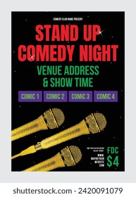 Modern Poster Card Of Stand Up Comedy Show. Shiny Microphone, Open mic night, black Background And Entertainment Depicted On Comedy Performance Banner. vector Illustration, gold mic