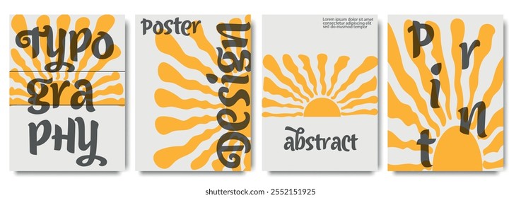  Modern poster collection with abstract sunburst patterns, bold typography, and vibrant orange accents for dynamic designs. Template  for celebration, ads, branding, banner, cover, label, poster