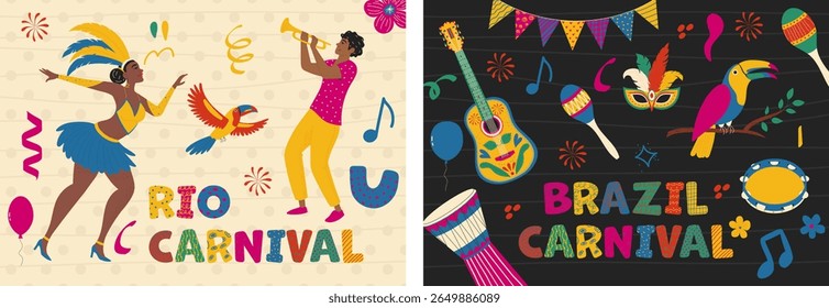 Modern poster collection for Brazil carnival. Trendy banner set with dancing woman, musician, carnival elements
