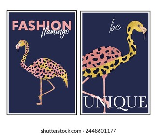 Colección de póster moderna. Decoración del hogar con flamenco de moda con un estampado de leopardo. 