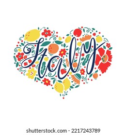 Modern poster with colorful heart with Italy lettering. Vector drawing.